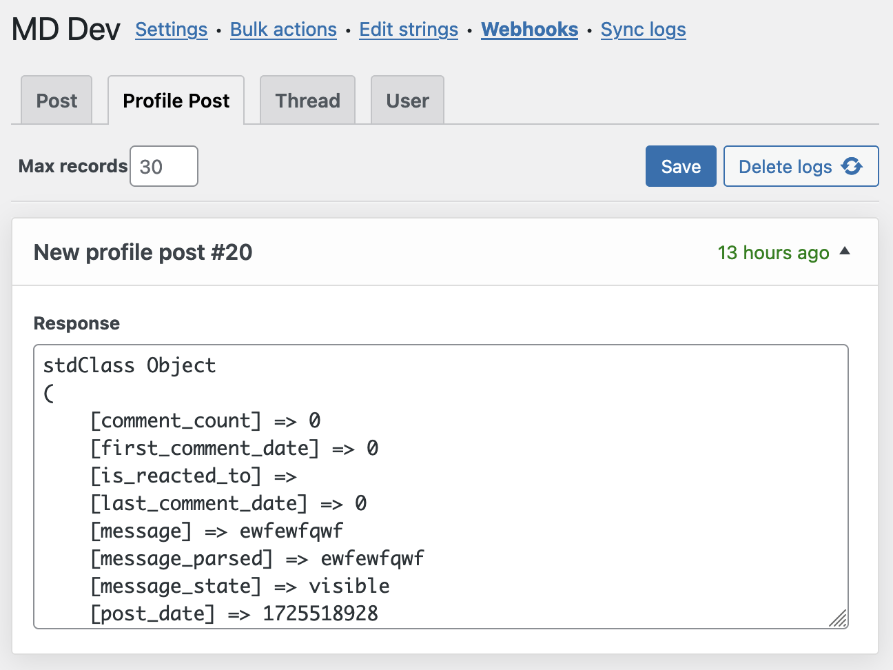 An example response from a received webhook from XenForo.