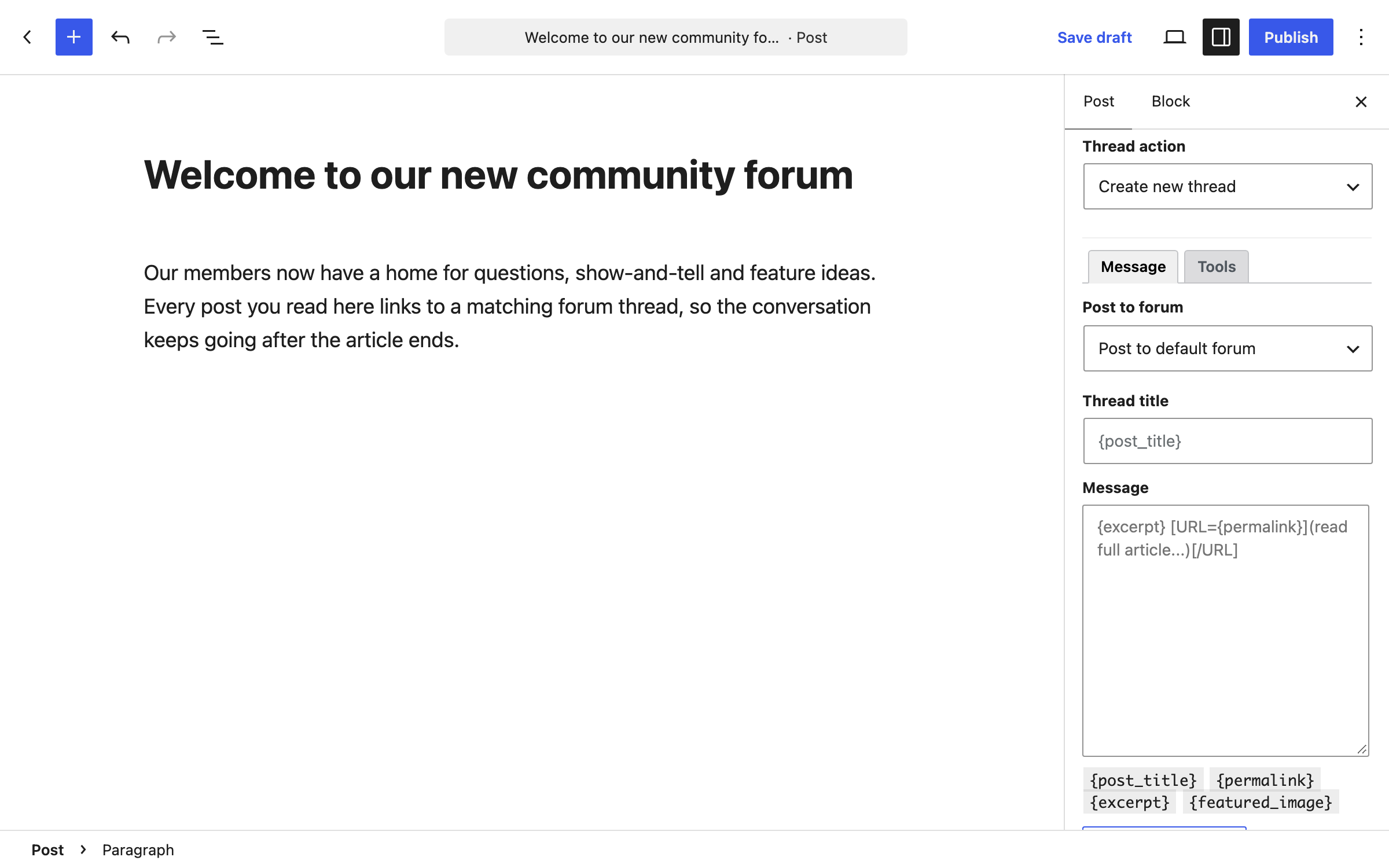 Create or connect threads from the post editor