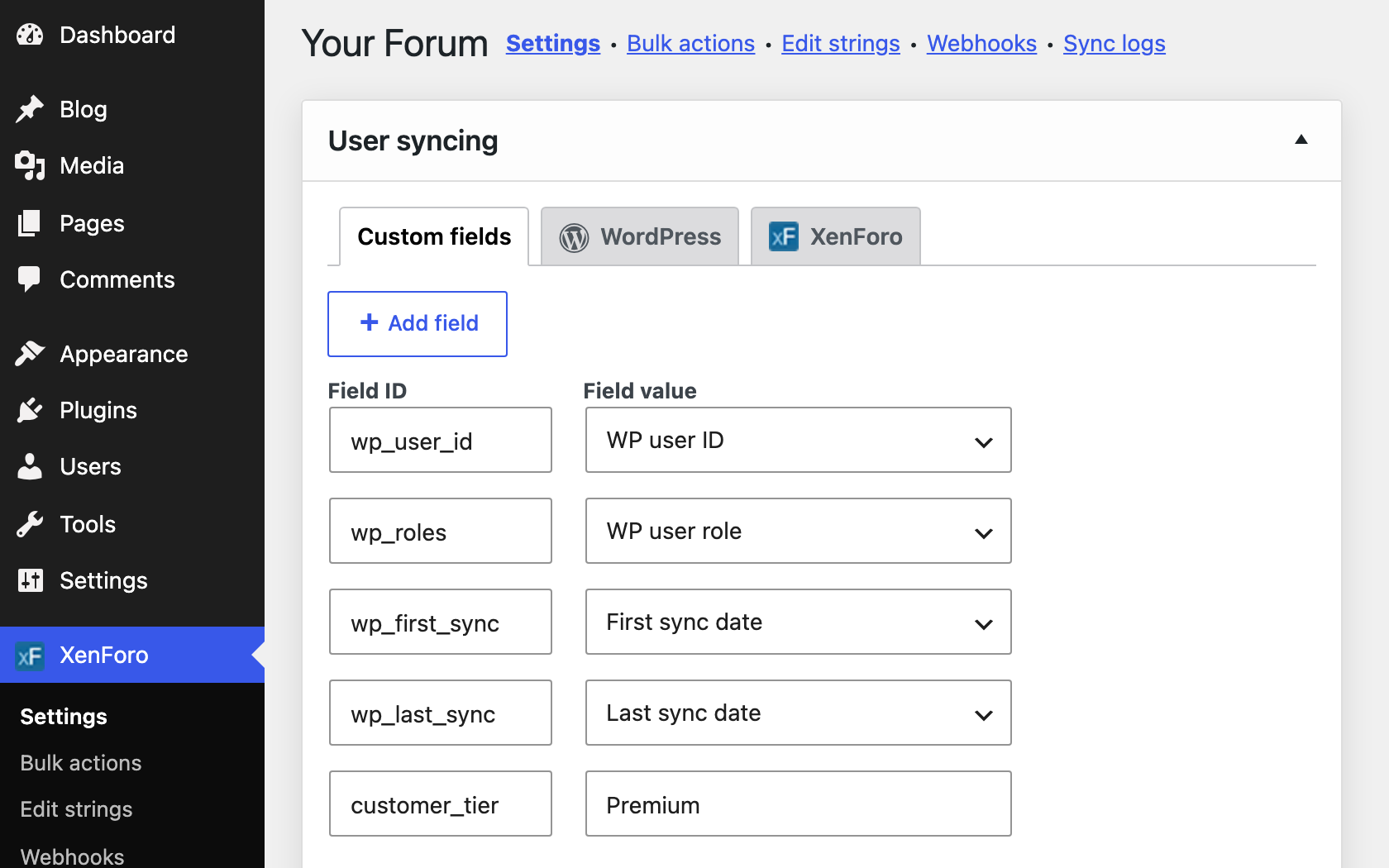 Custom user fields for XenForo profiles