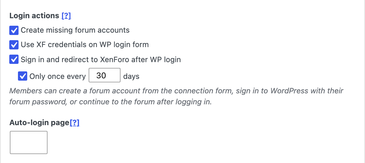 Login actions settings in XFtoWP User syncing