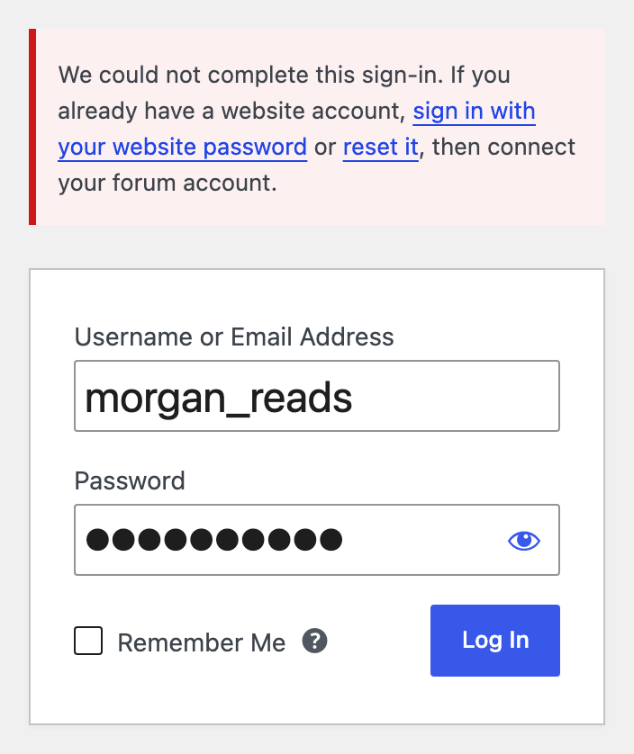 WordPress login form showing sign-in and reset links after a forum login conflict