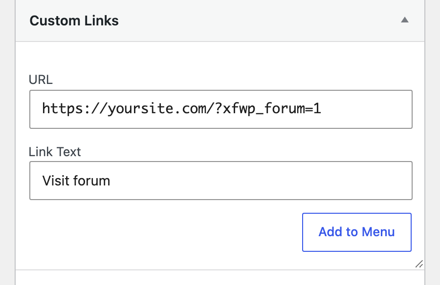Custom Link with the Forum entrance address in Appearance Menus
