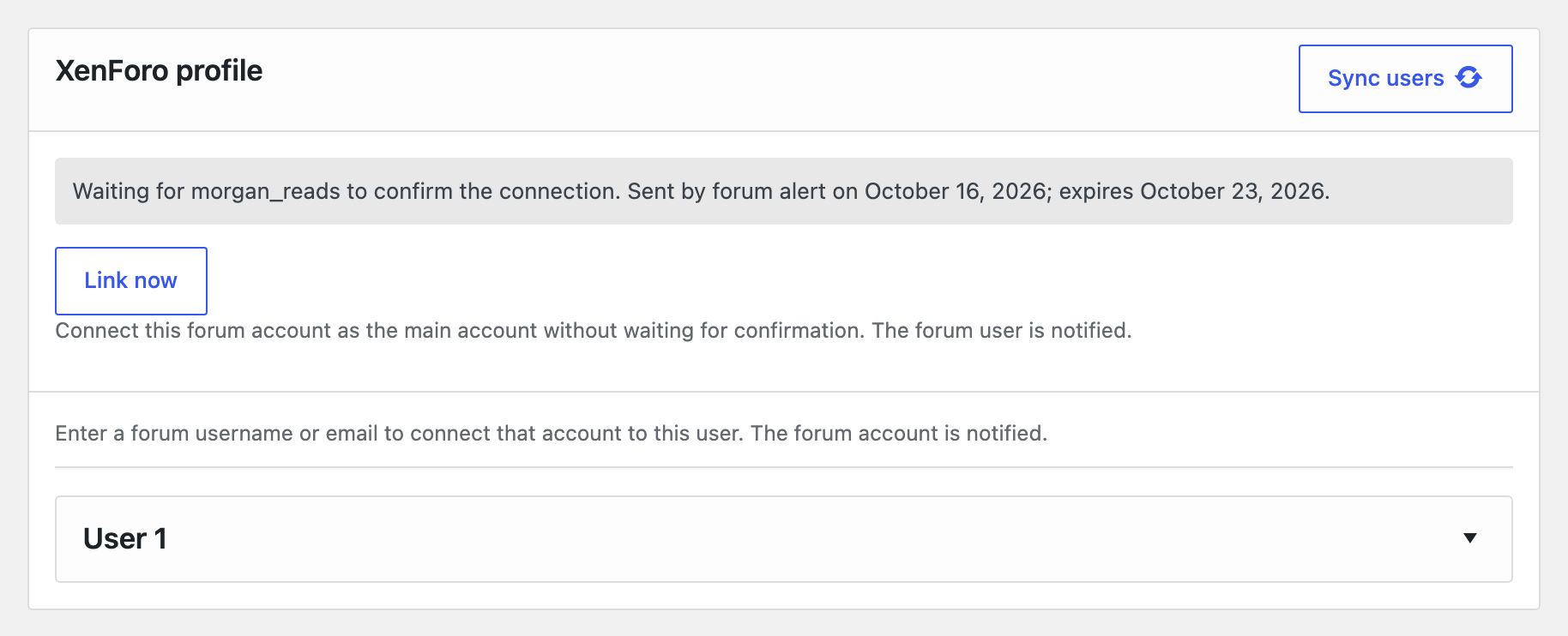Sync panel waiting for a forum account to confirm, with the Link now button