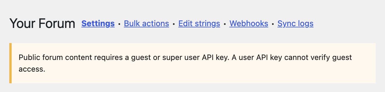 XFtoWP settings warning that public forum content needs a guest or super user API key