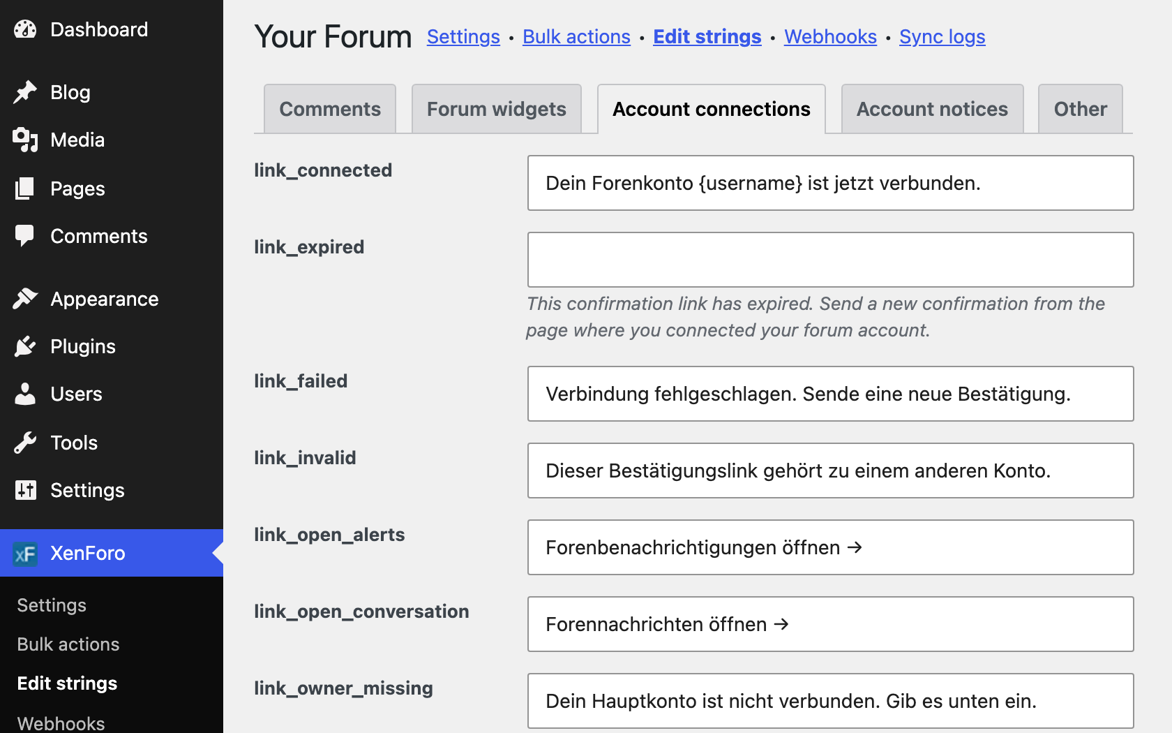 Translate strings, grouped in tabs