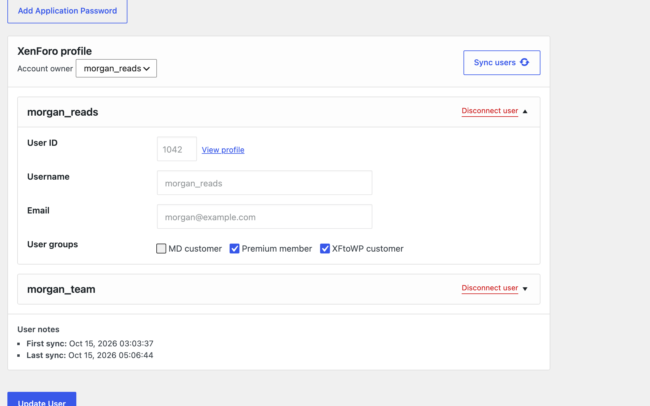 Sync panel on the Edit User screen with two connected forum accounts and their user groups